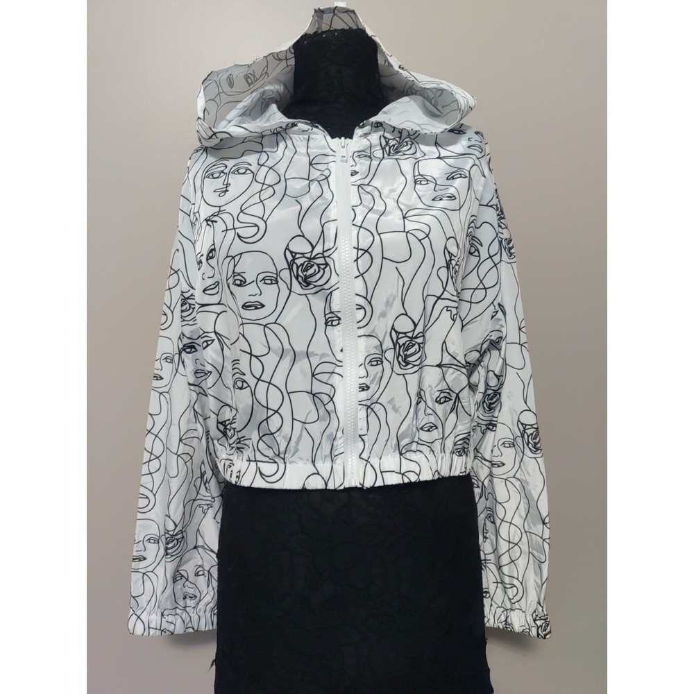 Shein Black White Faceβ Sketch Long sleeve Lightweight Nylon Hood Jacket Size L
